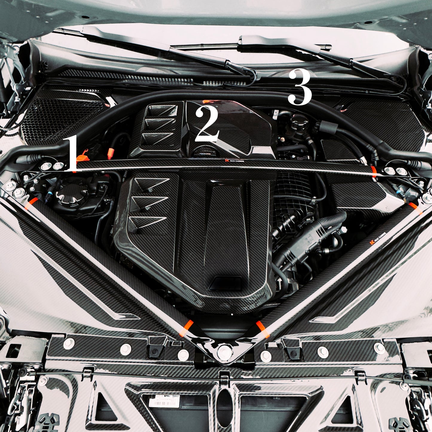 MAX CARBON Performance oil water climate cover 3 pieces in a set for the engine compartment, suitable for BMW G80 G81 M3 G82 G83 M4 M2 G87 