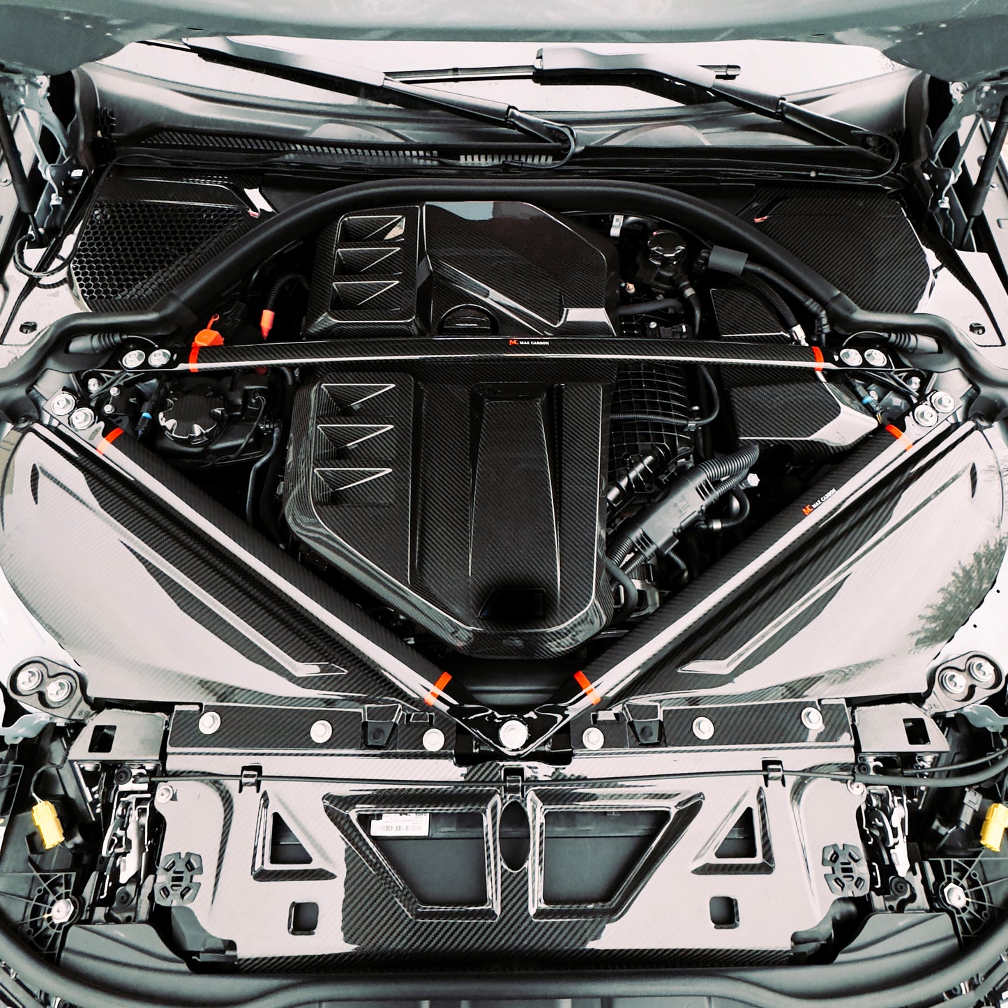 MAX CARBON Performance oil water climate cover 3 pieces in a set for the engine compartment, suitable for BMW G80 G81 M3 G82 G83 M4 M2 G87 