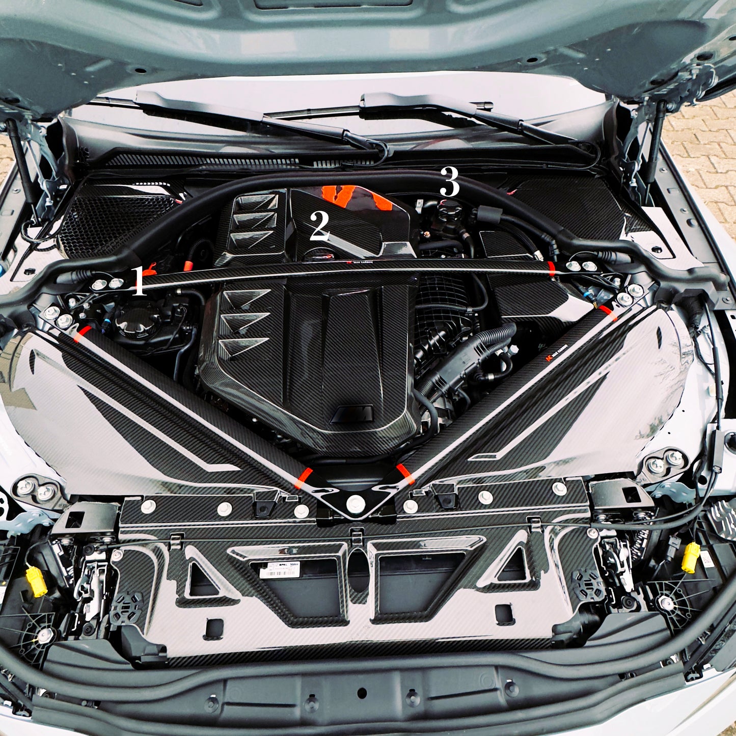 MAX CARBON Performance oil water climate cover 3 pieces in a set for the engine compartment, suitable for BMW G80 G81 M3 G82 G83 M4 M2 G87 